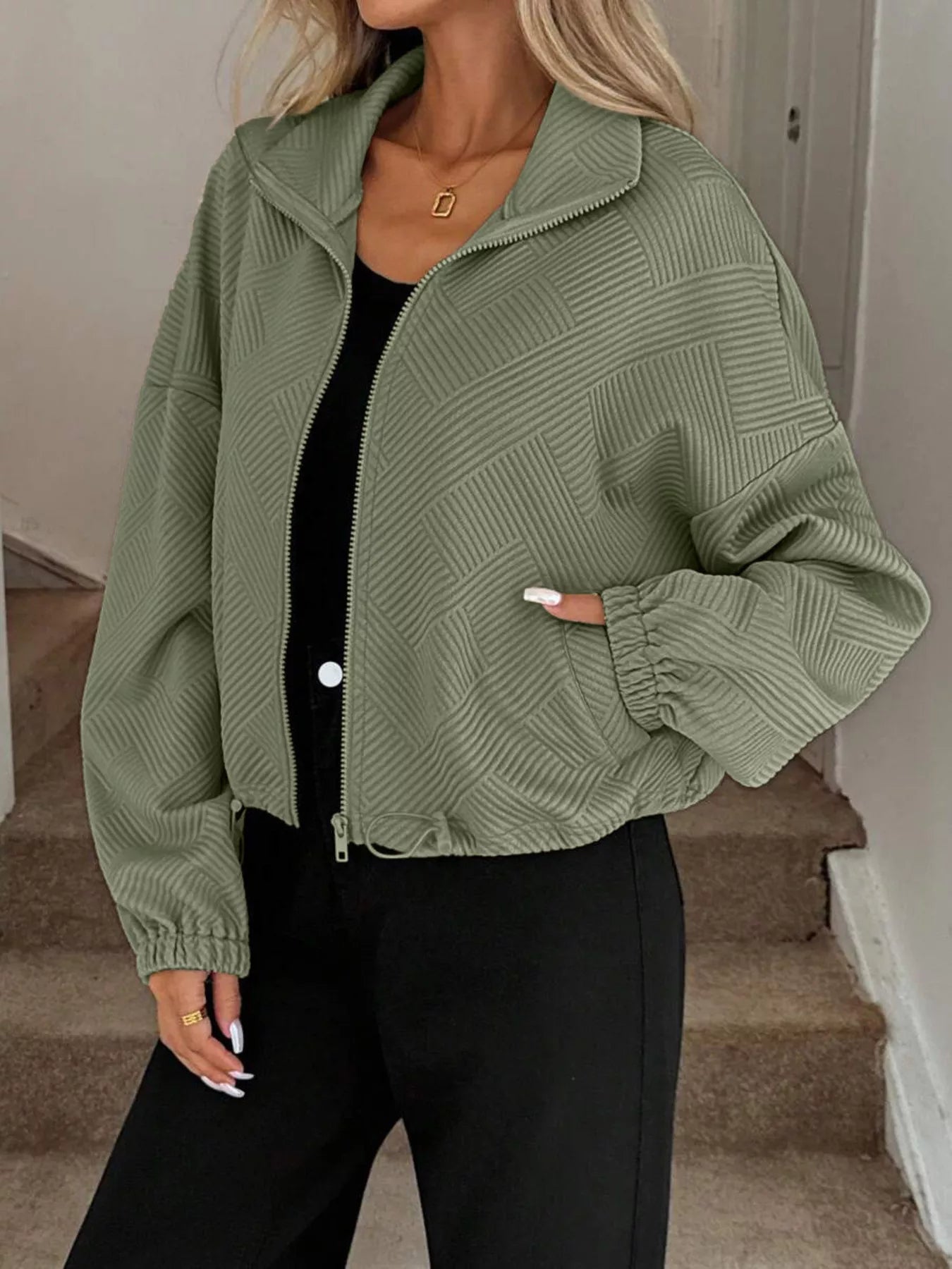 Drawstring Hem Textured Long Sleeve Jacket | Jackets Daverri Fashions