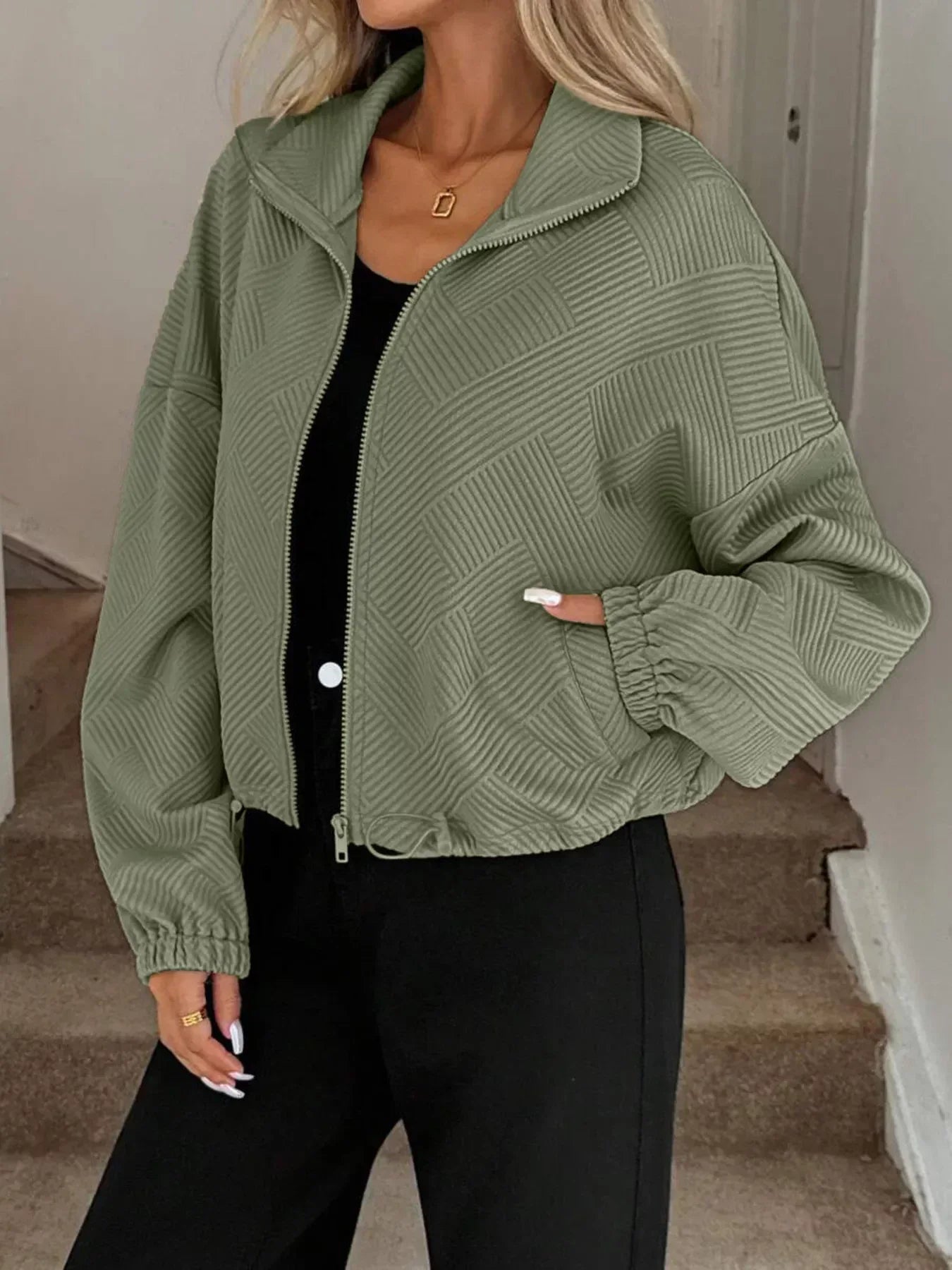 Drawstring Hem Textured Long Sleeve Jacket - DAVERRI FASHIONS