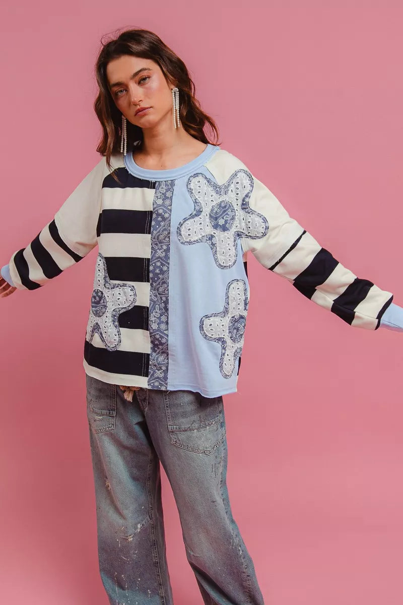 BiBi Patchwork Striped Round Neck Sweatshirt in light blue with floral patches