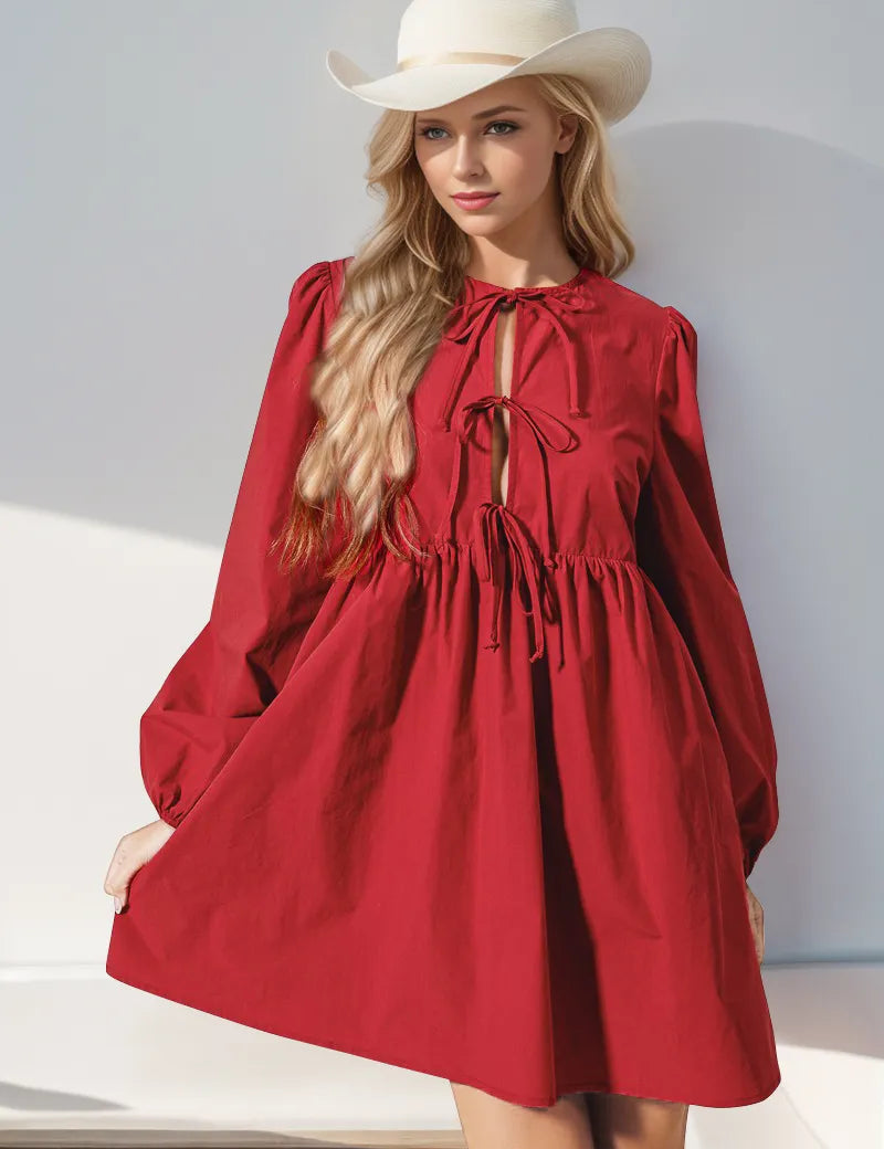 Red Double Take Christmas Front Tied Long Sleeve Mini Dress | Mini Dresses Daverri Fashions