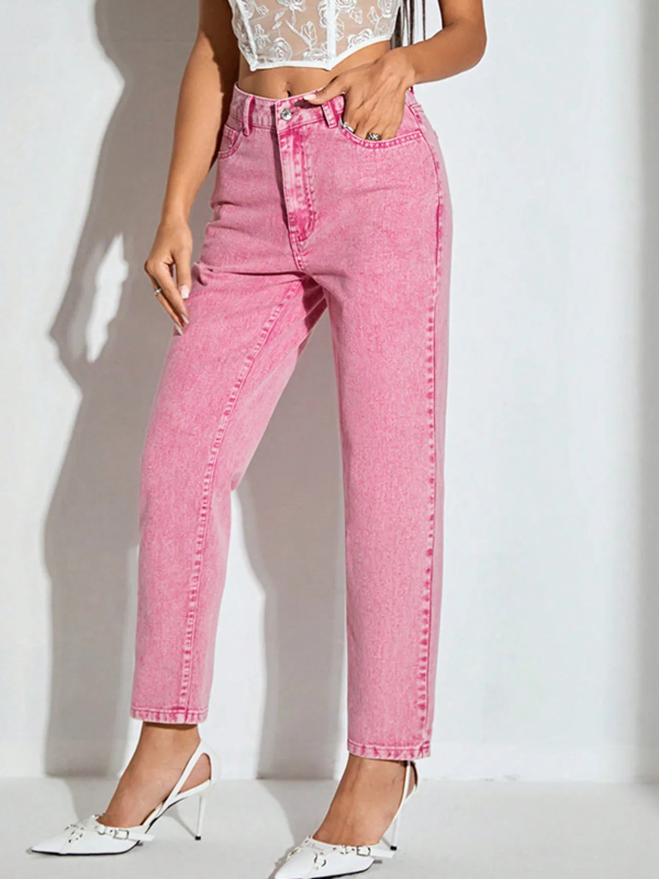 High-Waisted Wash Straight Leg Jeans | Jeans Daverri Fashions