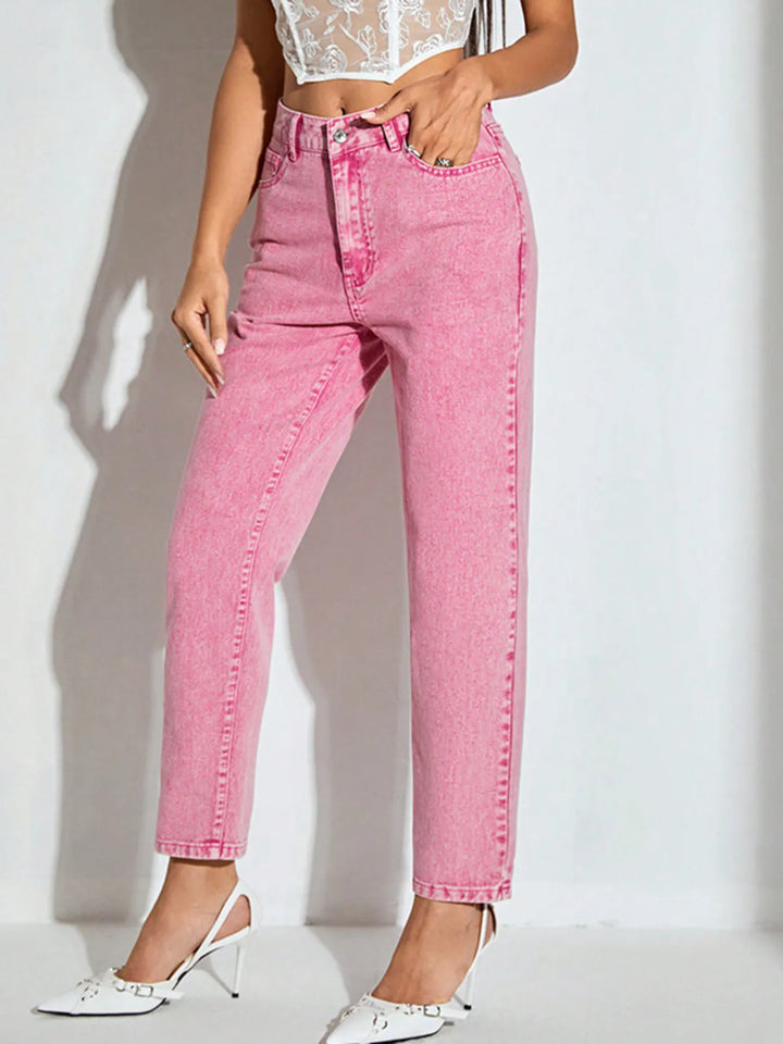 High-Waisted Wash Straight Leg Jeans | Jeans Daverri Fashions
