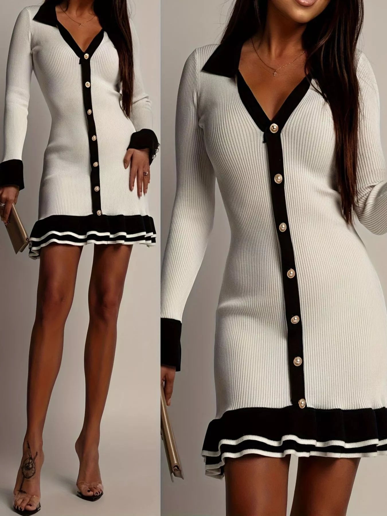 Daverri ribbed knit sweater dress in white with black trim and gold buttons