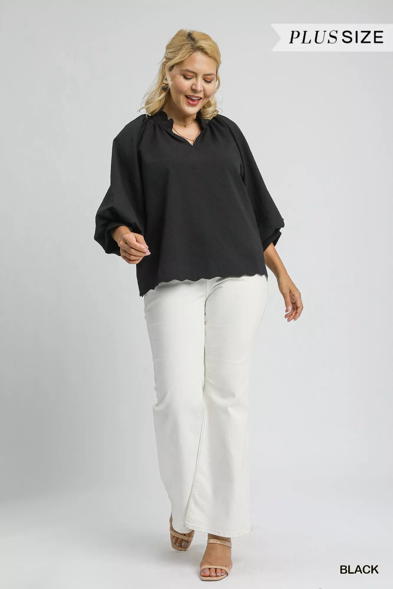 Umgee Full Size Textured Notched Balloon Sleeve Blouse Plus Size | Blouses Daverri Fashions