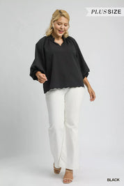 Umgee Full Size Textured Notched Balloon Sleeve Blouse Plus Size | Blouses Daverri Fashions