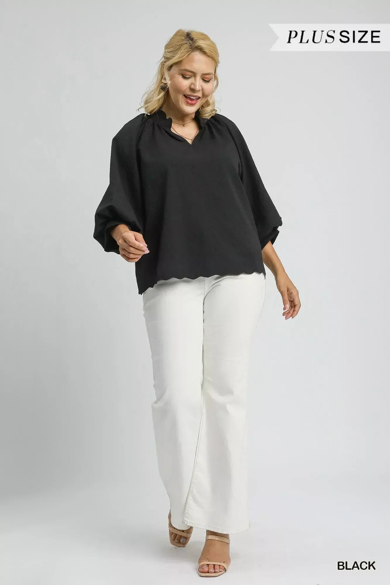 Umgee Full Size Textured Notched Balloon Sleeve Blouse Plus Size - DAVERRI FASHIONS