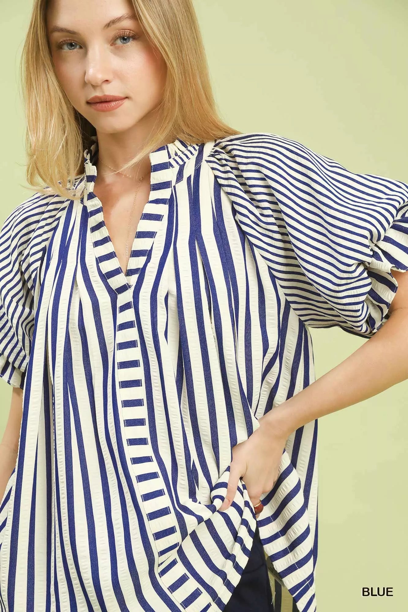 Umgee blue and white striped top with ruffled short flutter sleeves