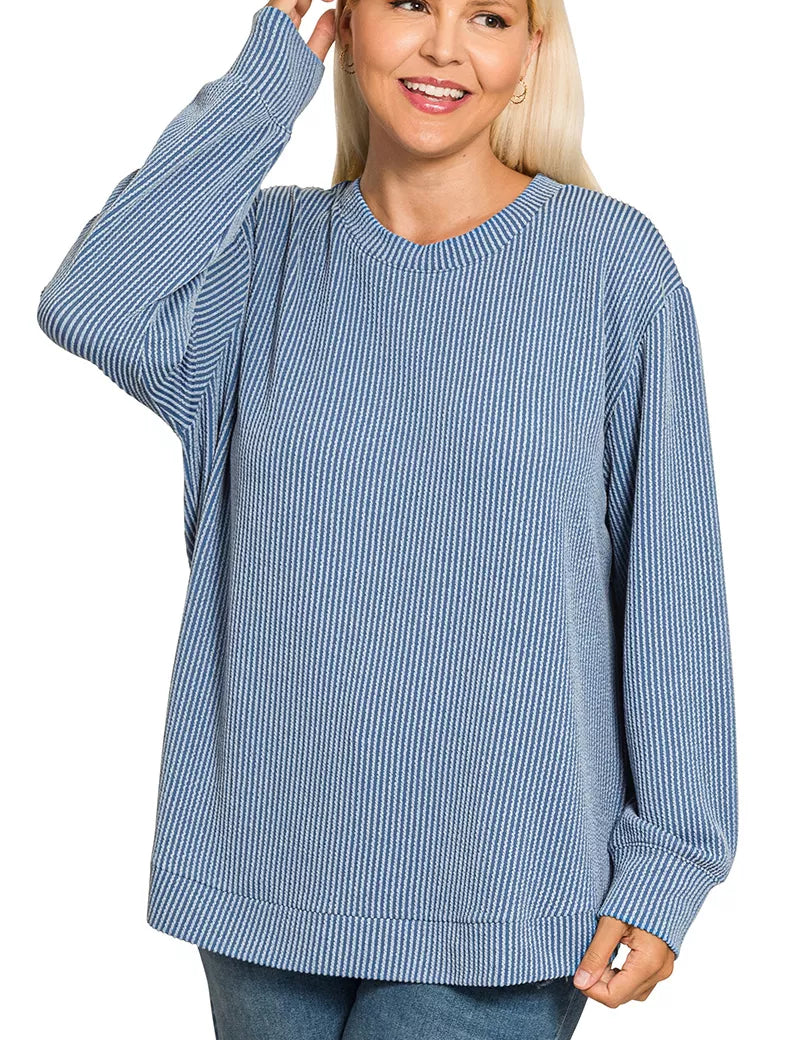 Zenana Full Size Raised Rib Round Neck Long Sleeve Top Plus Size | Daverri Fashions