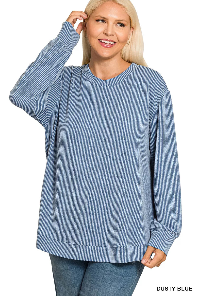 Zenana Full Size Raised Rib Round Neck Long Sleeve Top Plus Size | Daverri Fashions