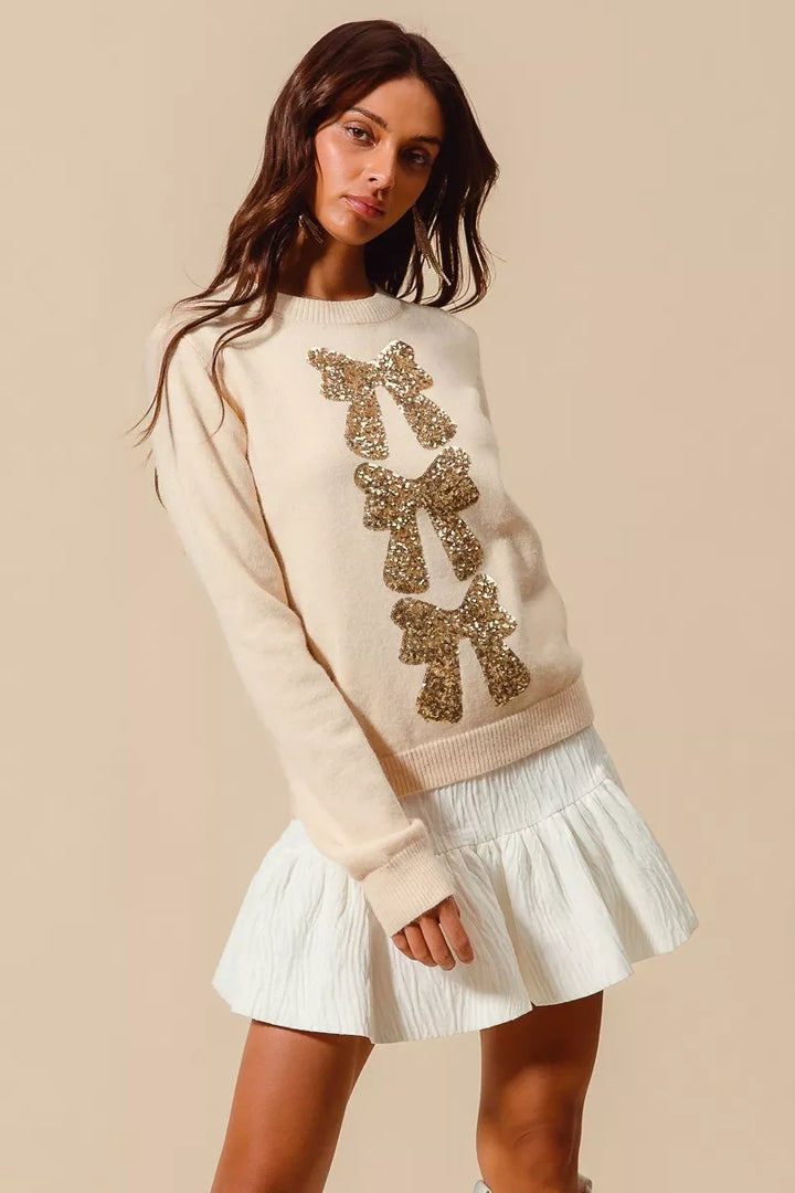 SO ME Sequins Bow Ribbon Embellished Christmas Sweater | Sweaters Daverri Fashions