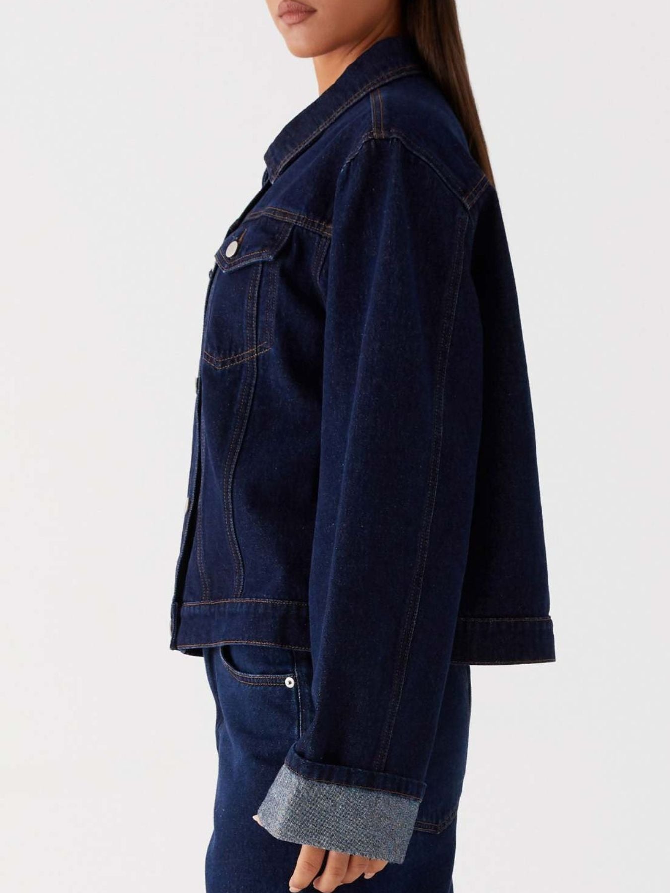 Daverri cropped oversized denim jacket with rolled cuffs and gray lining