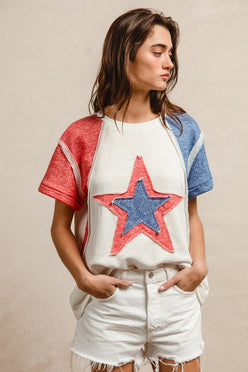 BiBi Fourth of July T-shirt with white body, red blue star sleeves