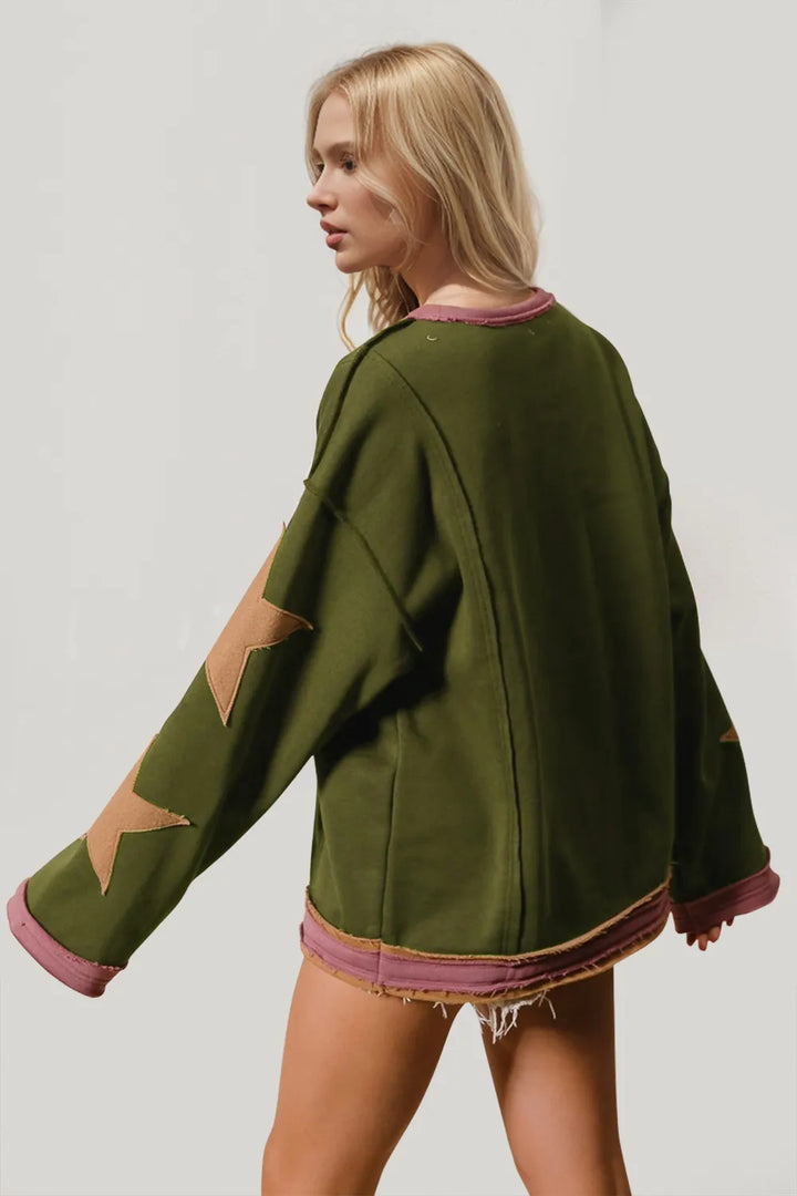Double Take Star Patched Long Sleeve Sweatshirt Sweatshirts