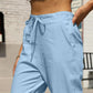 Light blue Daverri Fashions cotton linen blend tapered pants with drawstring waist