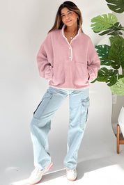 Fushia Stand Neck Half Button Zip Pocket Plush Sweatshirt | Sweatshirts Daverri Fashions