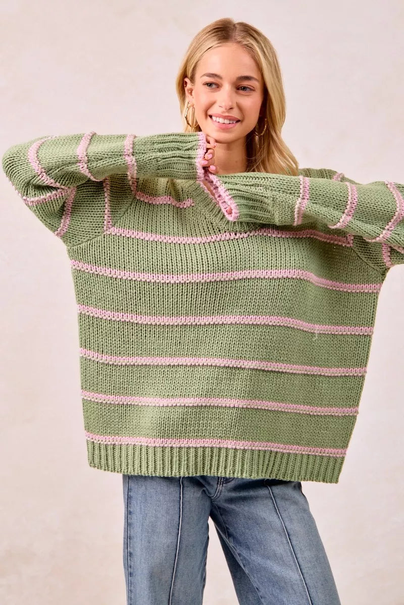 BiBi Striped Long Sleeve Sweater | Sweaters Daverri Fashions