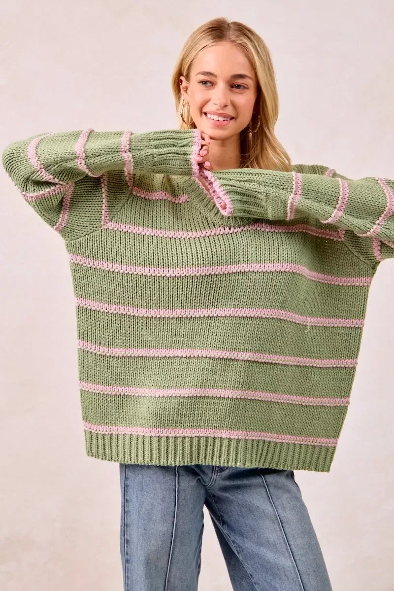 BiBi Striped Long Sleeve Sweater - DAVERRI FASHIONS