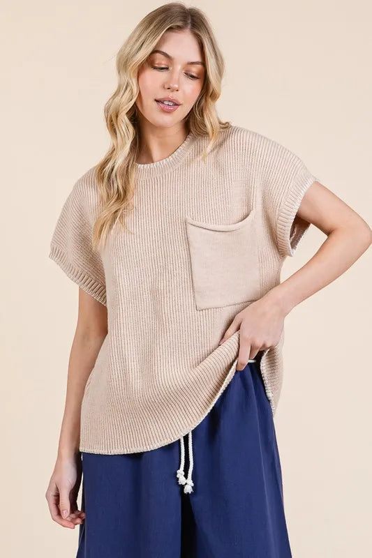 Lime 'N' Chili Solid Cap Sleeve Stitch Edge Knit Sweater Sweaters