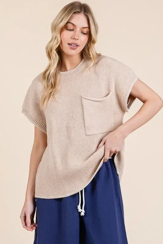 Lime 'N' Chili Solid Cap Sleeve Stitch Edge Knit Sweater - DAVERRI FASHIONS