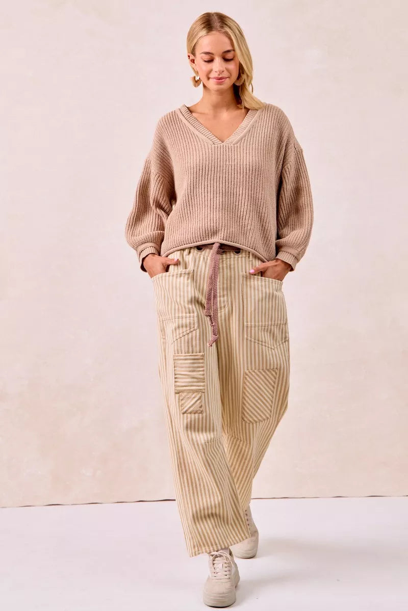 BiBi beige ribbed knit v-neck sweater with drawstring waist