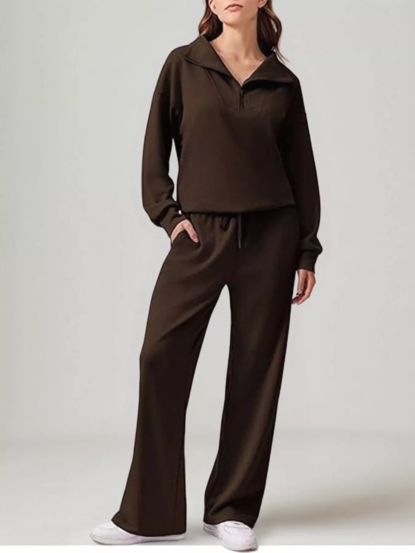 Daverri Relaxed Fit brown quarter-zip cropped hoodie and wide-leg pants set