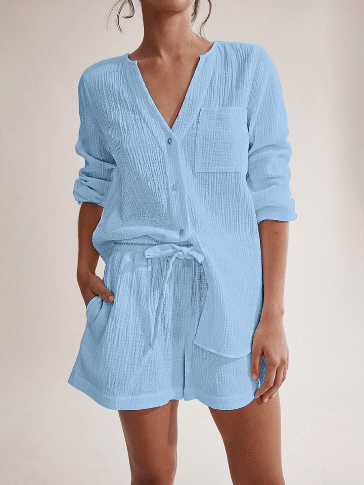 Notched Long Sleeve Top and Shorts Set Light Blue Outfit Sets