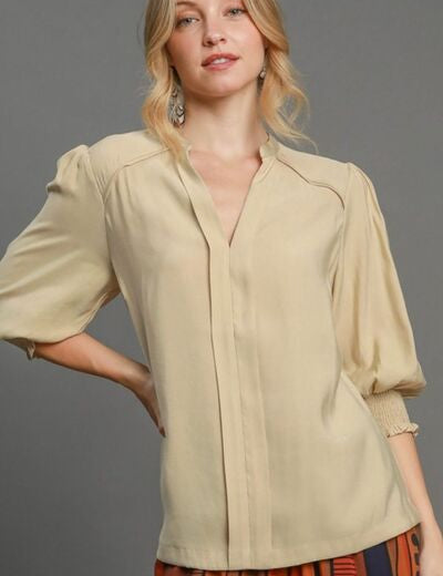 Umgee Full Size Notched Smocked Cuff Woven Top Plus Size Tan Tops