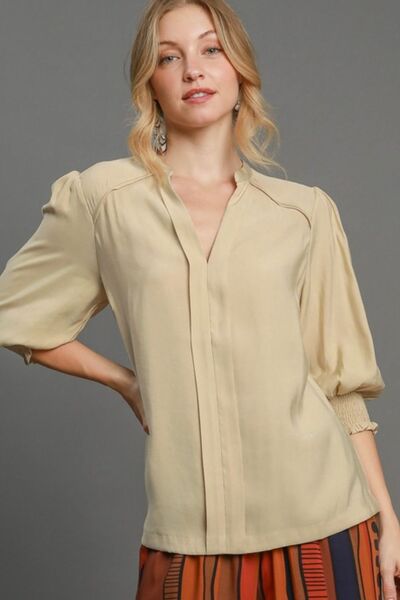 Umgee Full Size Notched Smocked Cuff Woven Top Plus Size Tan Tops