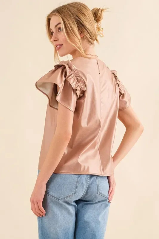 And The Why Faux Leather Ruffle Sleeves V Neck Top - DAVERRI FASHIONS