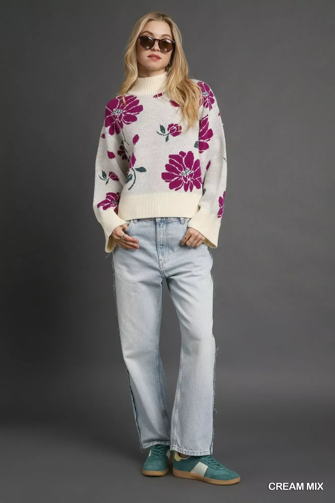 Umgee Floral Patterned Mock Neck Sweater - DAVERRI FASHIONS