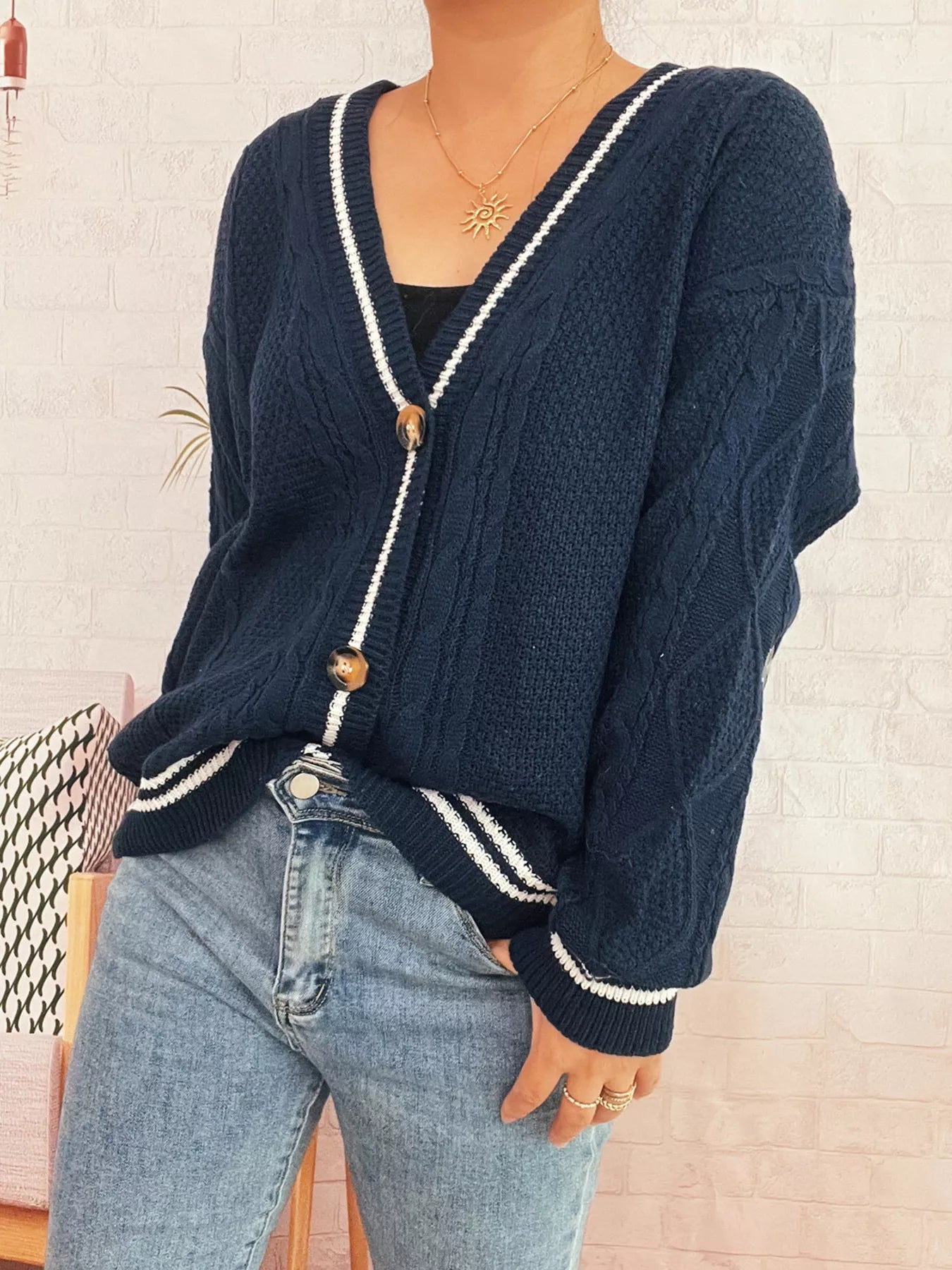 Star Pattern Button-Up Cardigan with Contrast Trim | Cardigans Daverri Fashions