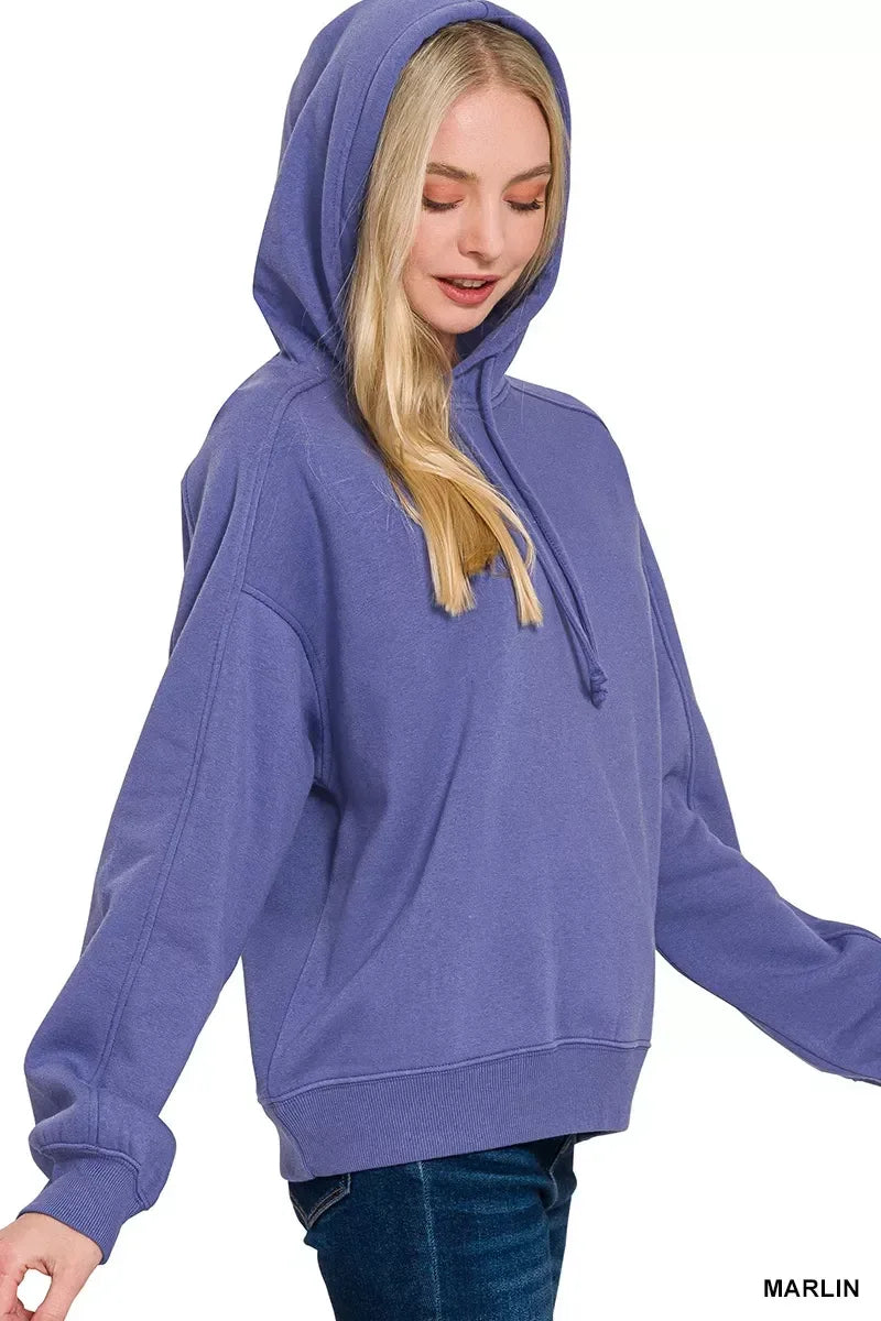 Zenana Drawstring Relaxed Fit Fleece Hoodie Marlin - DAVERRI FASHIONS