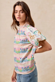 BiBi Ruffle Neckline Blouse With Embroidery Bubble Sleeve | Daverri Fashions