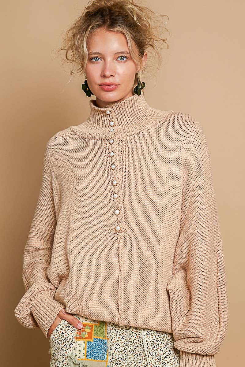 Pearl Detail Turtleneck Long Sleeve Sweater Latte Tops