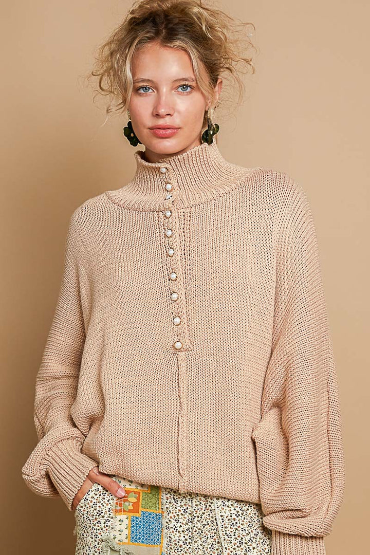 Pearl Detail Turtleneck Long Sleeve Sweater Latte Tops