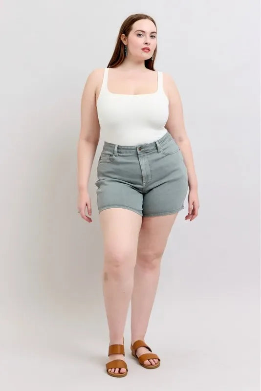 Judy Blue Full Size Hw Garment Dyed & Back Pkt Embroidery Shorts Plus Size | Daverri Fashions