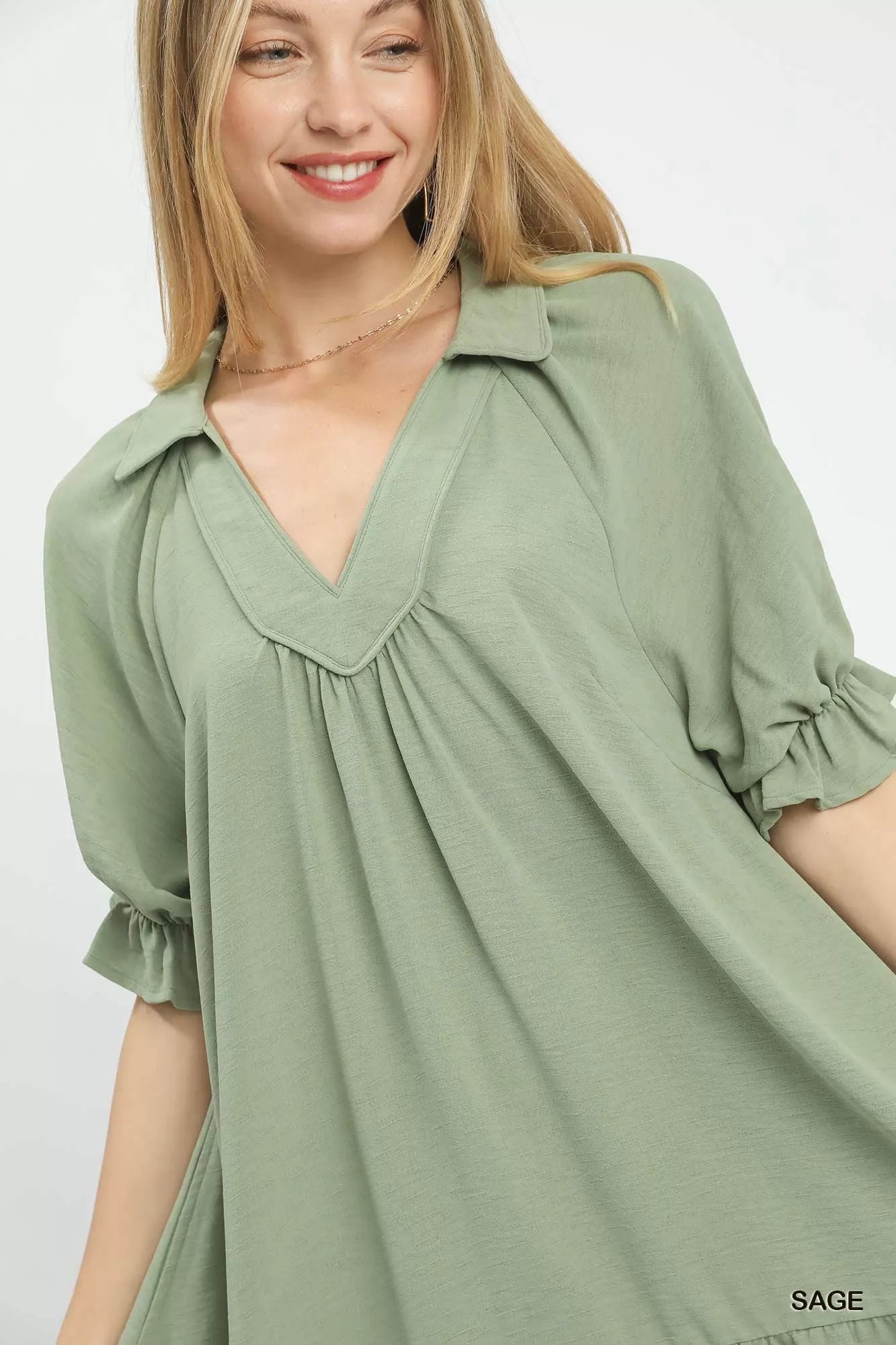 Sage-colored Umgee tiered puff sleeve babydoll dress with ruffled collar