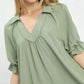Sage-colored Umgee tiered puff sleeve babydoll dress with ruffled collar