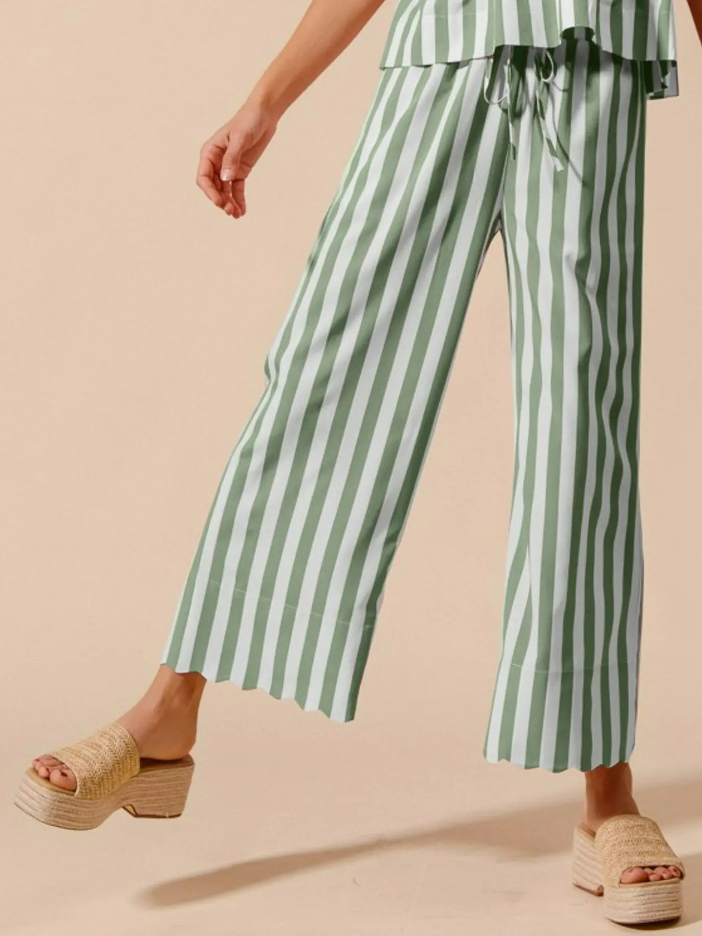 SO ME Front Tie Stripe Puff Sleeves Top and Wide Leg Pants Set Pant Sets