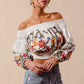 SO ME floral embroidered off-shoulder crop top with smocking
