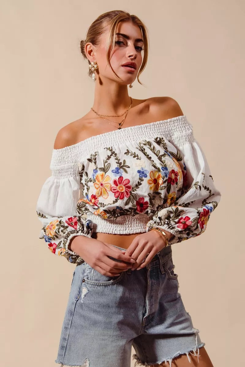 SO ME floral embroidered off-shoulder crop top with smocking