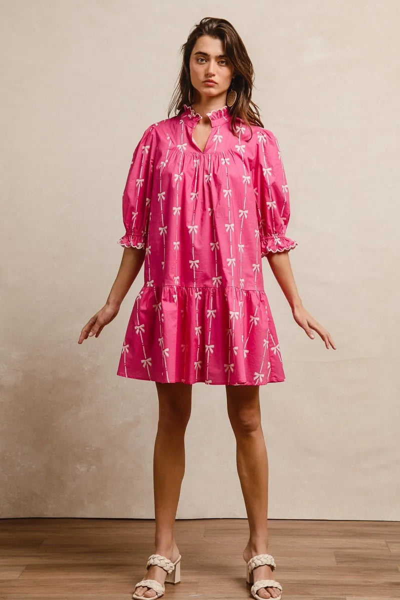 Vibrant pink BiBi ribbon pattern short sleeve dress with ruffled hem and scallops