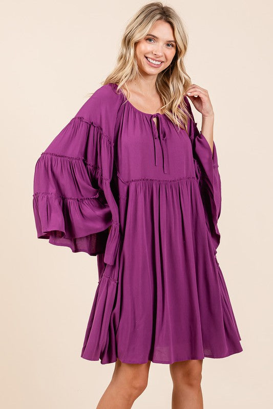 Mittoshop Frill Tie Neck Bell Sleeve Dress Red-Violet Midi Dresses