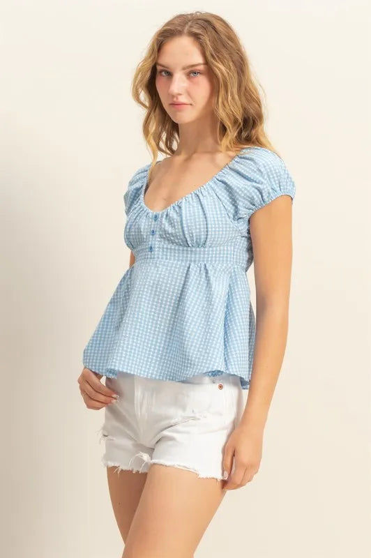 HYFVE Gingham Scoop Neck Cap Sleeve Blouse