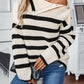 Buttoned Striped Long Sleeve Sweater - DAVERRI FASHIONS