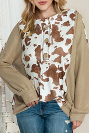 Khaki Printed Dropped Shoulder Long Sleeve Blouse | Blouses Daverri Fashions