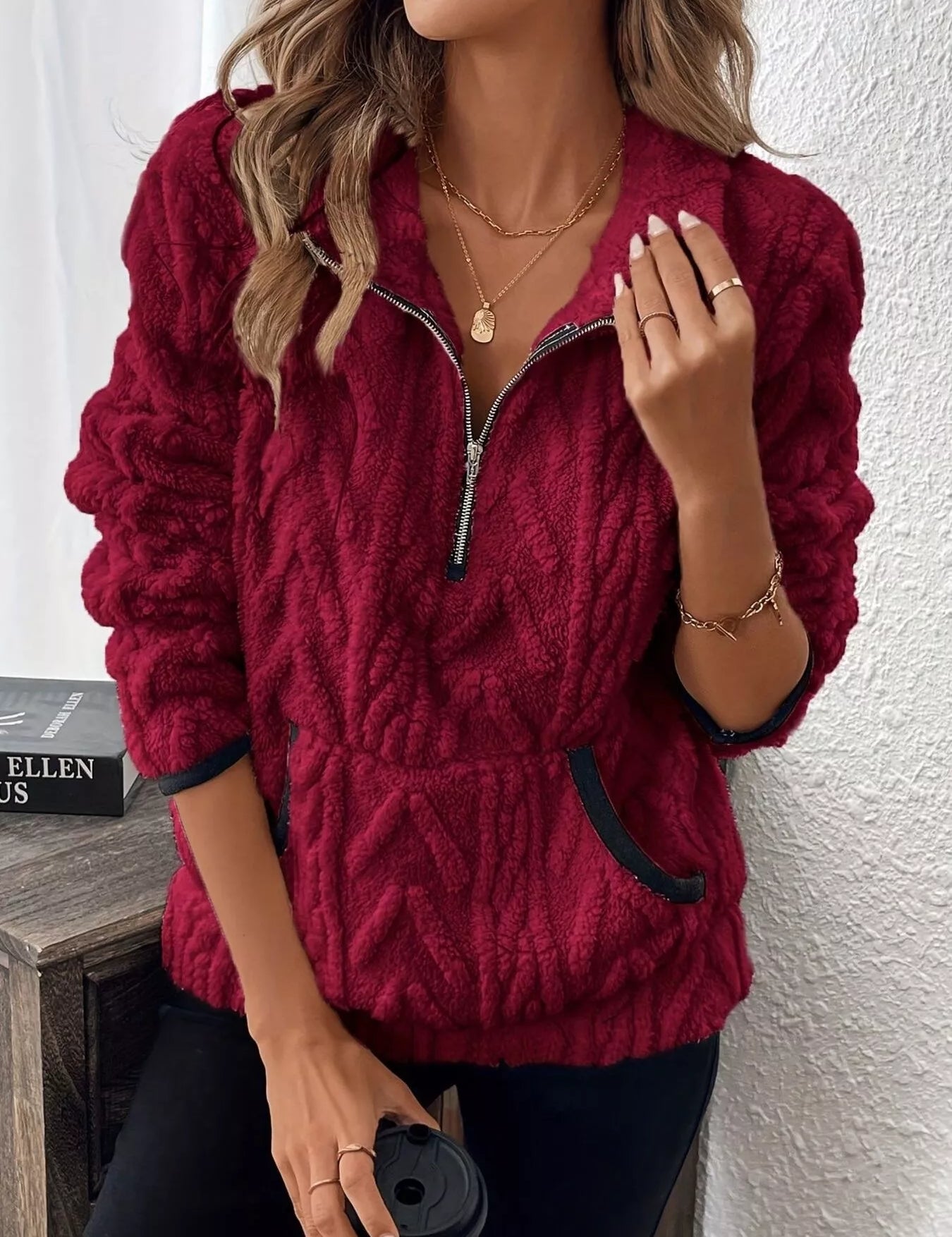 Burgundy Cozy Sherpa Half Zip Sweatshirt | Sweatshirts Daverri Fashions