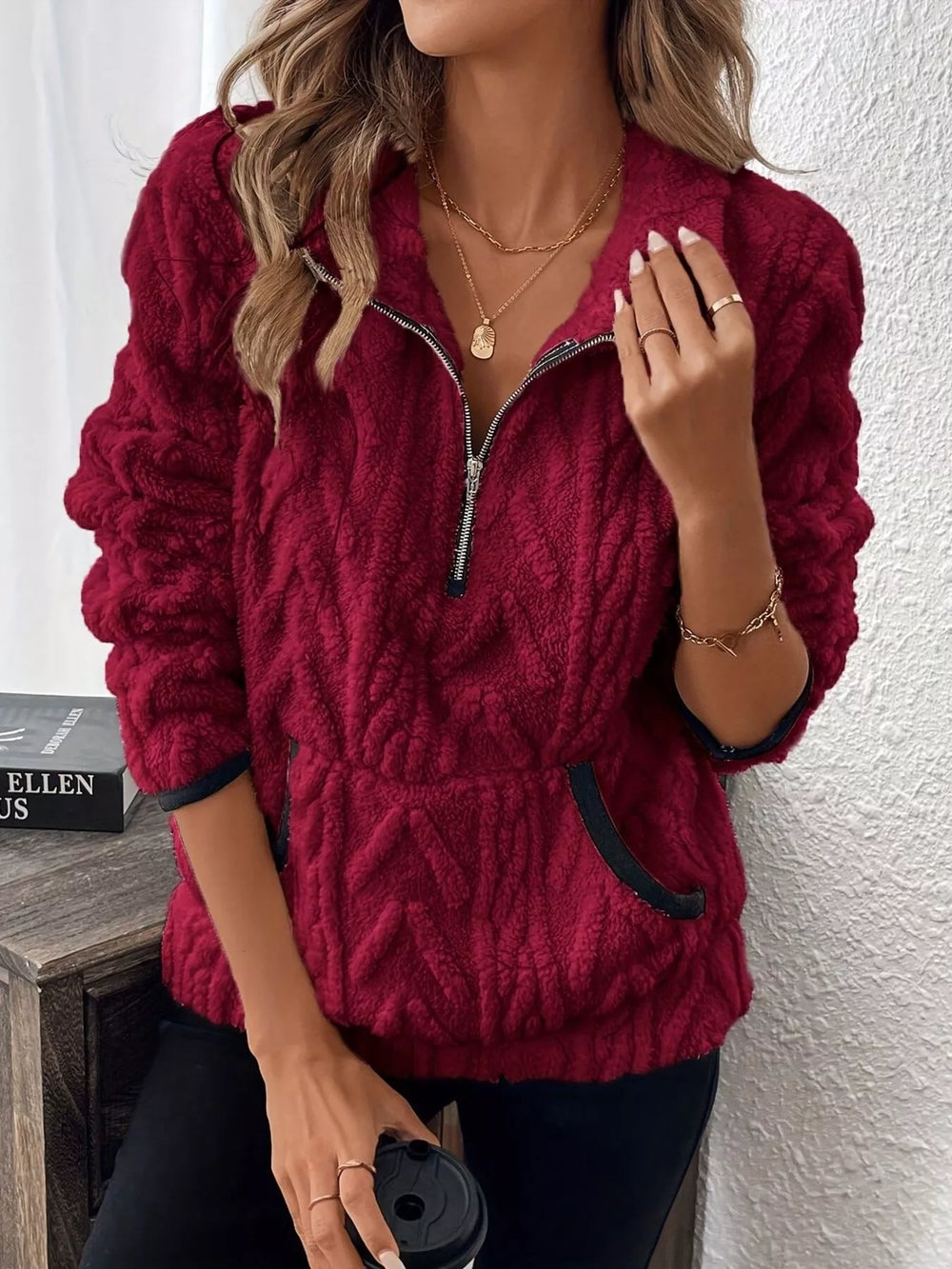 Burgundy Cozy Sherpa Half Zip Sweatshirt | Sweatshirts Daverri Fashions