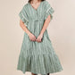 VERY J Embroidered Boho Ruffled Sage Green Midi Dress