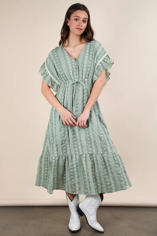 VERY J Embroidered Boho Ruffled Sage Green Midi Dress
